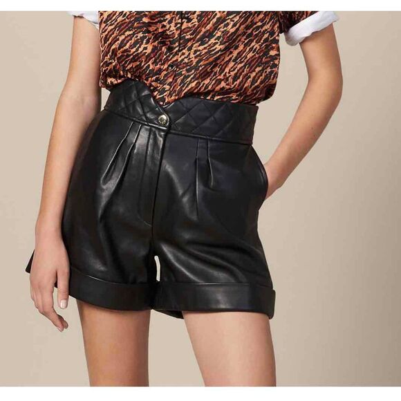Sandro Pants - Sandro Black Leather Quilted Waist Cuffed Hem Shorts Size 38